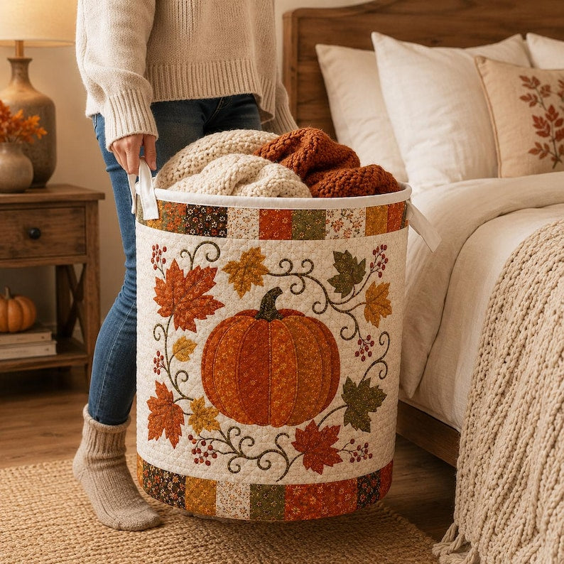 Quilted Laundry Basket, Fall Pumpkin Hamper, Autumn Leaf Storage Basket, Farmhouse Laundry Room Decor, Bedroom Organizer, Rustic Fall Decor
