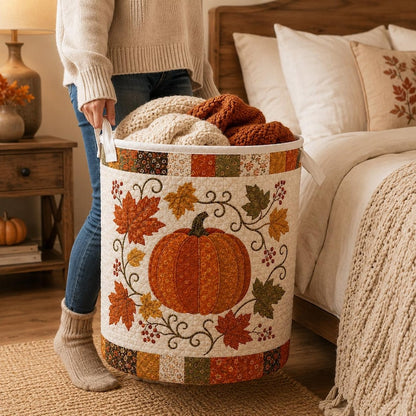 Quilted Laundry Basket, Fall Pumpkin Hamper, Autumn Leaf Storage Basket, Farmhouse Laundry Room Decor, Bedroom Organizer, Rustic Fall Decor