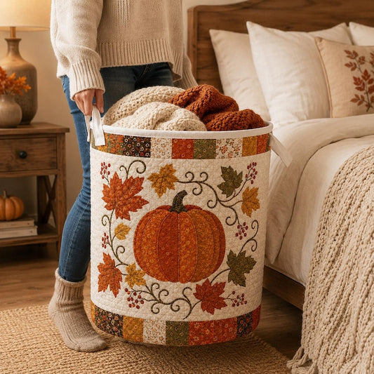 Quilted Laundry Basket, Fall Pumpkin Hamper, Autumn Leaf Storage Basket, Farmhouse Laundry Room Decor, Bedroom Organizer, Rustic Fall Decor