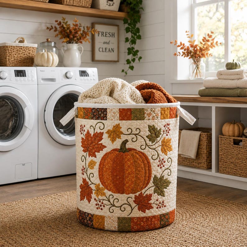 Quilted Laundry Basket, Fall Pumpkin Hamper, Autumn Leaf Storage Basket, Farmhouse Laundry Room Decor, Bedroom Organizer, Rustic Fall Decor