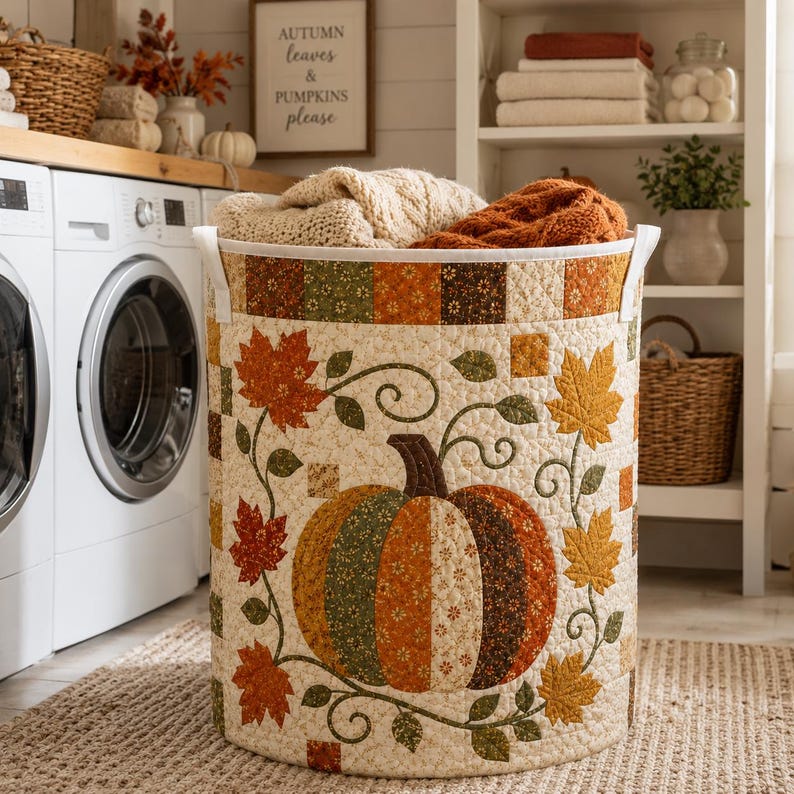 Quilted Laundry Basket, Fall Pumpkin Hamper, Autumn Leaf Storage Basket, Farmhouse Laundry Room Decor, Bedroom Organizer, Rustic Fall Decor