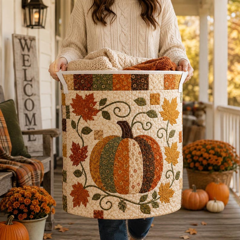 Quilted Laundry Basket, Fall Pumpkin Hamper, Autumn Leaf Storage Basket, Farmhouse Laundry Room Decor, Bedroom Organizer, Rustic Fall Decor