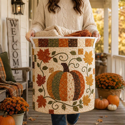 Quilted Laundry Basket, Fall Pumpkin Hamper, Autumn Leaf Storage Basket, Farmhouse Laundry Room Decor, Bedroom Organizer, Rustic Fall Decor