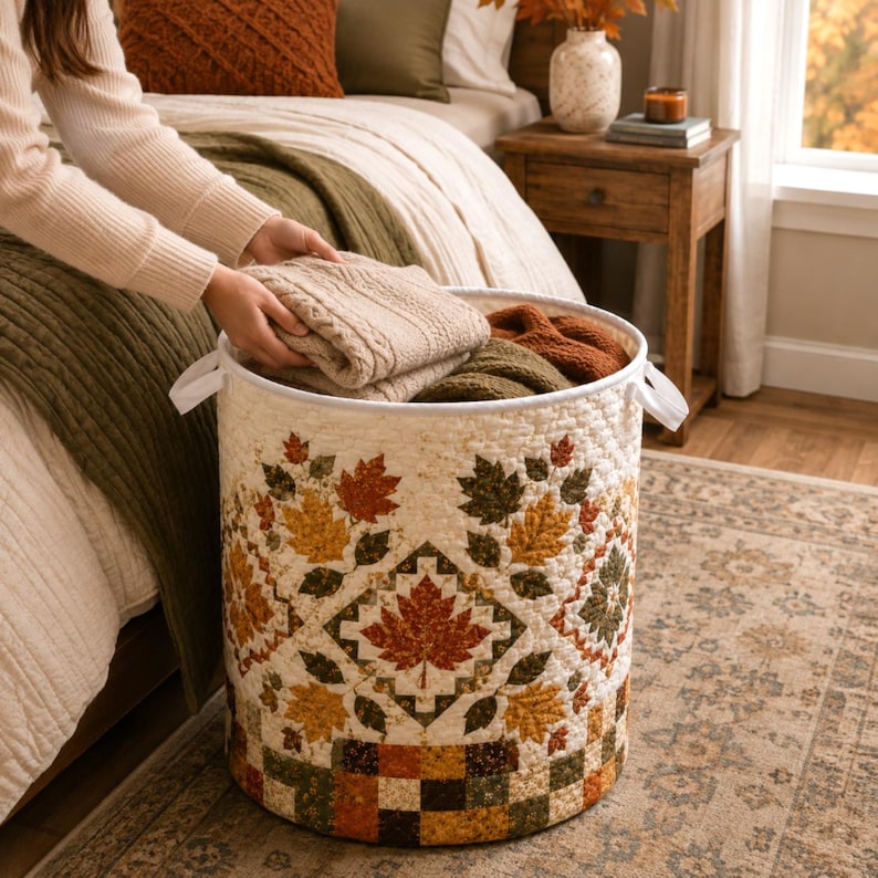 Quilted Laundry Basket, Fall Leaf & Pumpkin Hamper, Autumn Farmhouse Storage Basket, Laundry Room Decor, Bedroom Organizer, Fall Home Decor