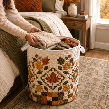 Quilted Laundry Basket, Fall Leaf & Pumpkin Hamper, Autumn Farmhouse Storage Basket, Laundry Room Decor, Bedroom Organizer, Fall Home Decor