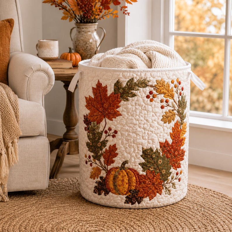 Quilted Laundry Basket, Fall Leaf & Pumpkin Hamper, Autumn Farmhouse Storage Basket, Laundry Room Decor, Bedroom Organizer, Fall Home Decor