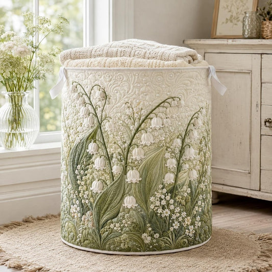 Quilted Laundry Basket, Lily of the Valley Hamper, Floral Storage Basket, Cottagecore Laundry Room Decor, Bedroom Organizer