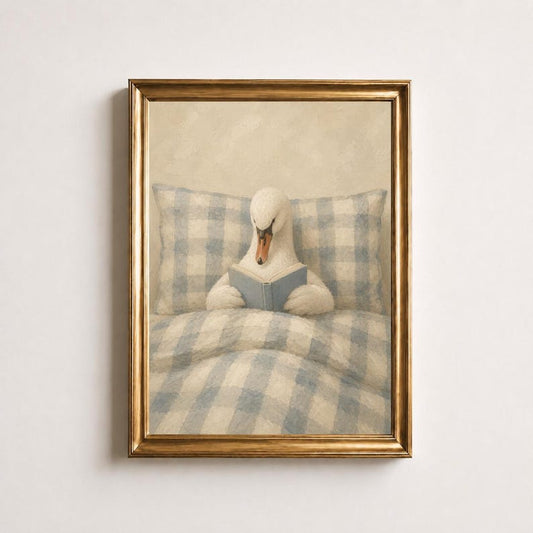 Reading Swan Oil Painting Poster, Swan in Bed with Book Print, Blue Gingham Nursery Wall Art, Cozy Kids Bedroom Decor, Baby Shower Gift