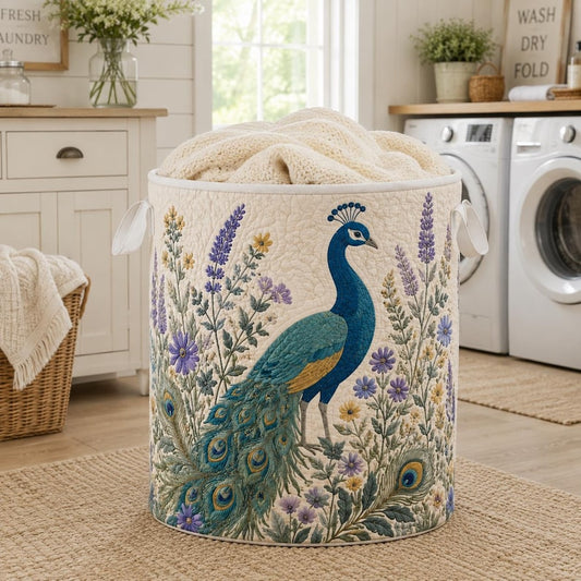 Quilted Laundry Basket, Peacock Hamper, Floral Storage Basket, Cottagecore Laundry Room Decor, Bedroom Organizer, Boho Home Decor
