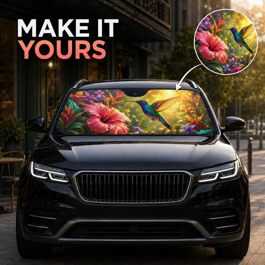 Custom Windshield Sun Shade | Hummingbird Floral Auto Sunshade, UV Protection Heat Blocker