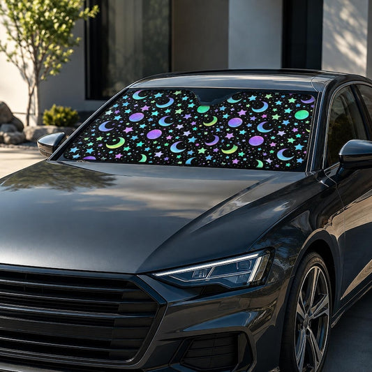 Celestial Moon Stars Car Windshield Sun Shade, Galaxy Auto UV Heat Shield (2 Sizes)