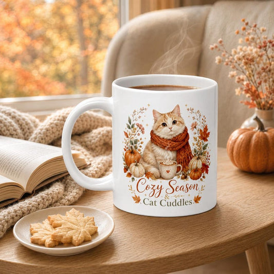 Cozy Season Cat Mug, Autumn Scarf Cat Lover Gift, Watercolor Pumpkin Spice Cup