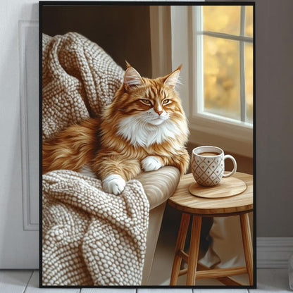 Cozy Orange Cat Wall Art, Hygge Home Decor Print, Warm Minimalist Living Room Poster