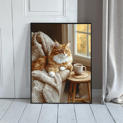 Cozy Orange Cat Wall Art, Hygge Home Decor Print, Warm Minimalist Living Room Poster