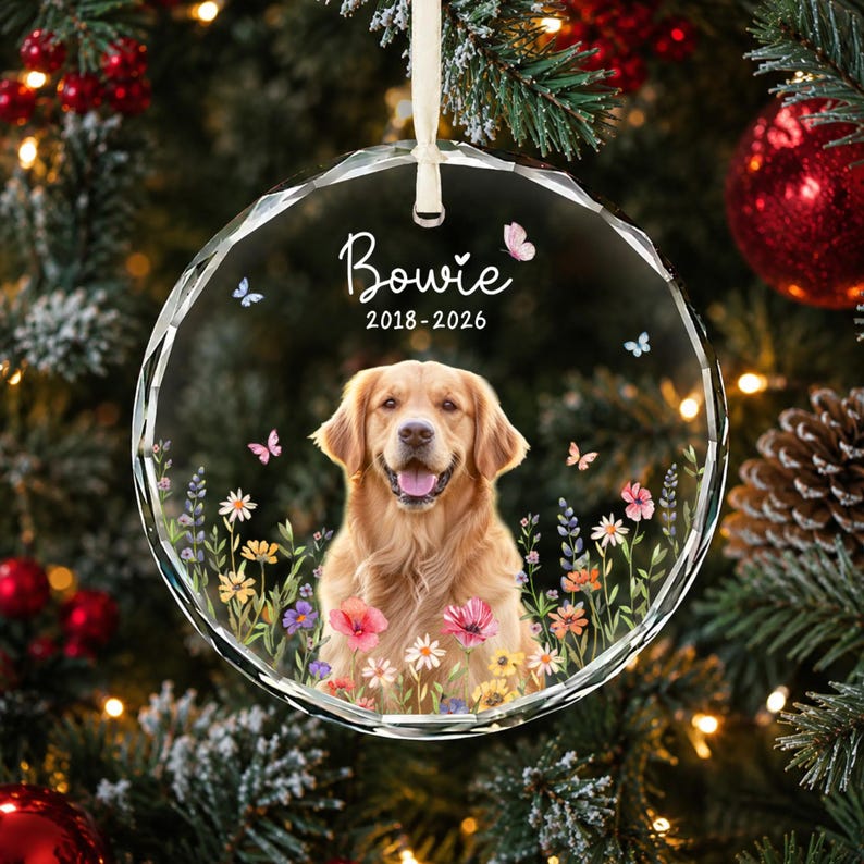 Personalized Dog Memorial Ornament with Photo, Dog Remembrance Keepsake, Glass Ornament