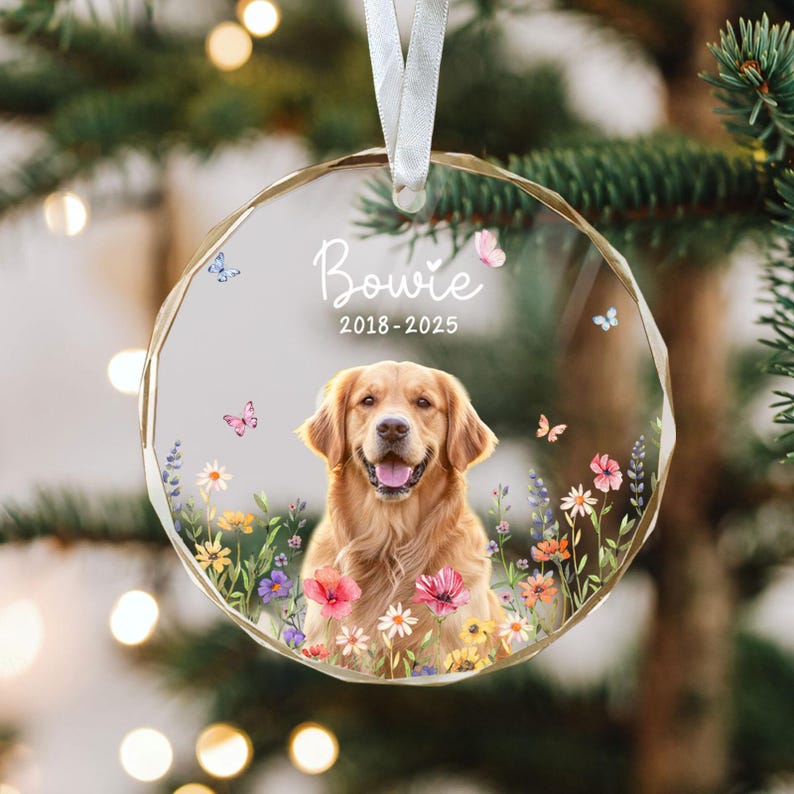 Personalized Dog Memorial Ornament with Photo, Dog Remembrance Keepsake, Glass Ornament