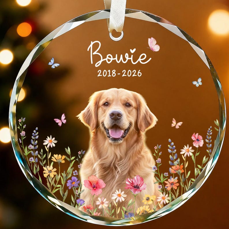 Personalized Dog Memorial Ornament with Photo, Dog Remembrance Keepsake, Glass Ornament