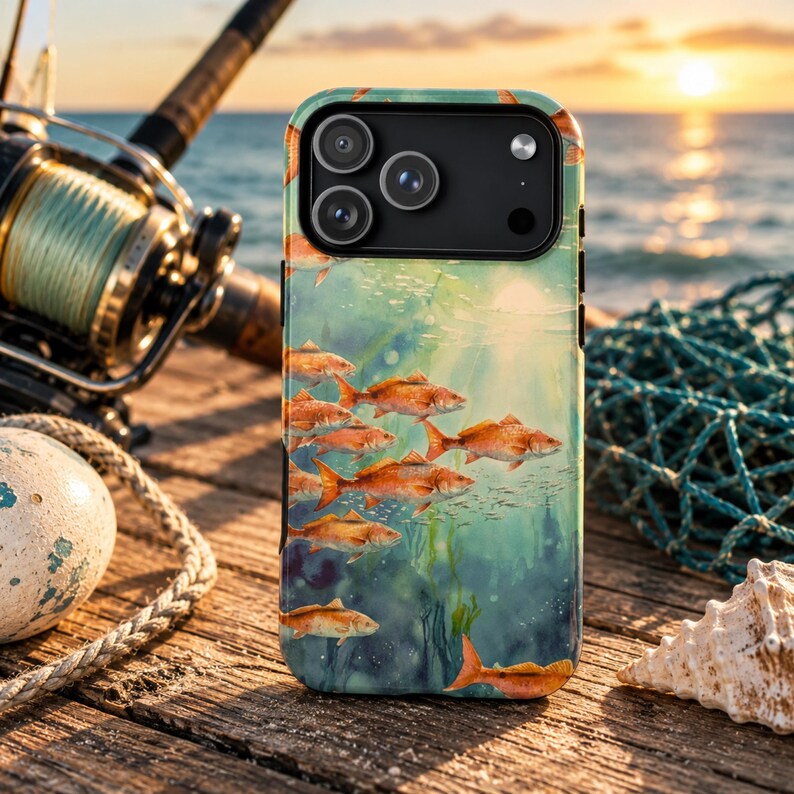 Redfish Phone Case, Tough Case iPhone 17 16 Pro Max, Fishing Phone Cover, Coastal Redfish Artwork, Fisherman Gift, Lucky Levi