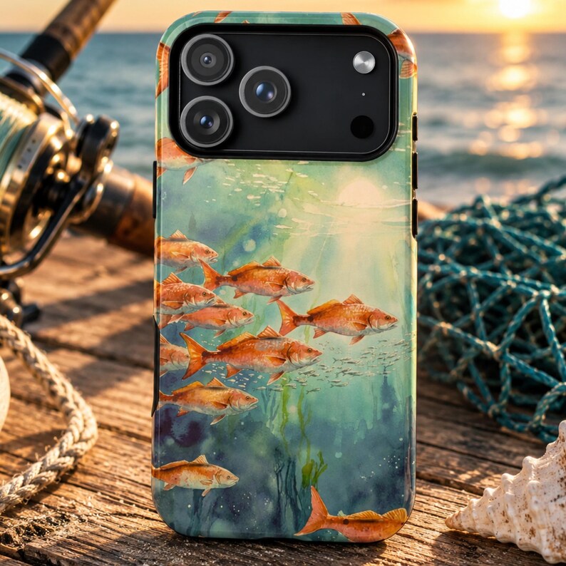 Redfish Phone Case, Tough Case iPhone 17 16 Pro Max, Fishing Phone Cover, Coastal Redfish Artwork, Fisherman Gift, Lucky Levi