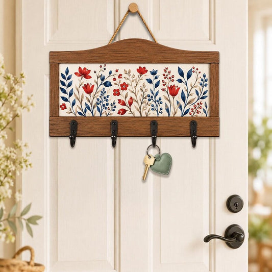 Vintage Wildflower Wooden Key Holder for Wall: Floral Entryway Hanger Rack Decor