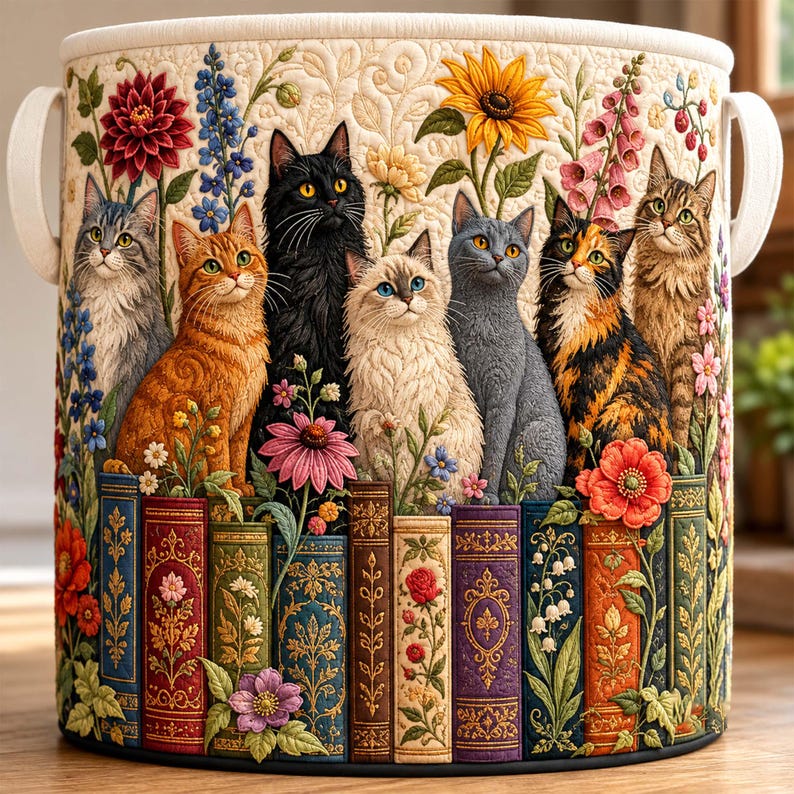 Bookish Whisker Cat Quilted Laundry Basket: Reading Cat Storage Bin, Bookworm Fabric Hamper