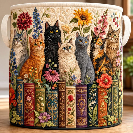 Bookish Whisker Cat Quilted Laundry Basket: Reading Cat Storage Bin, Bookworm Fabric Hamper