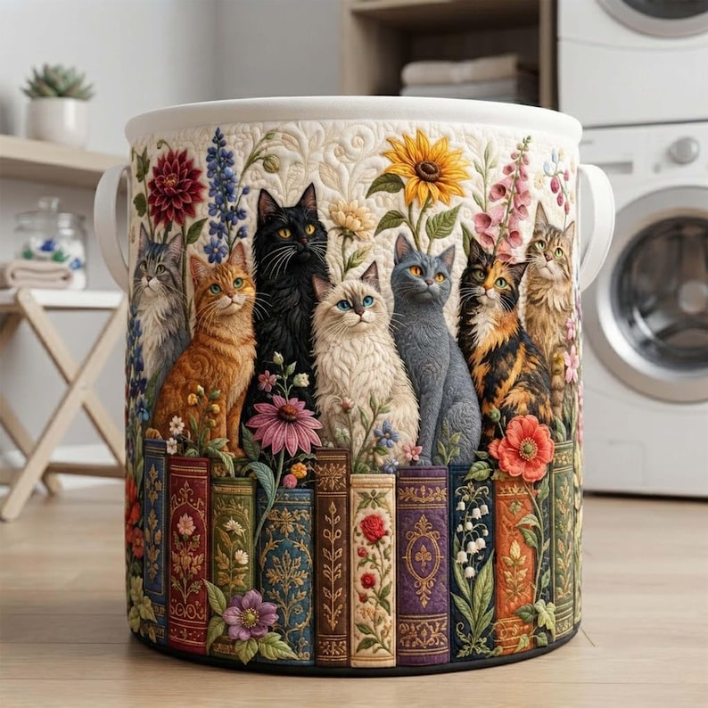Bookish Whisker Cat Quilted Laundry Basket: Reading Cat Storage Bin, Bookworm Fabric Hamper
