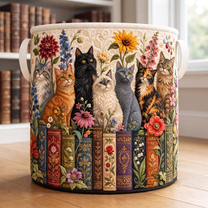 Bookish Whisker Cat Quilted Laundry Basket: Reading Cat Storage Bin, Bookworm Fabric Hamper
