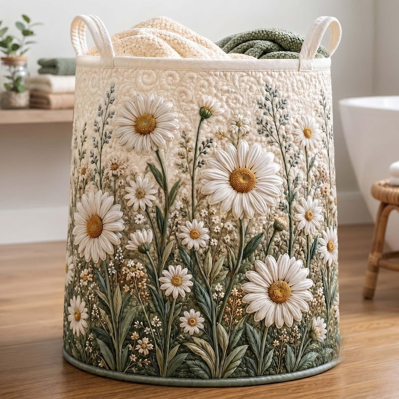 Daisy Quilted Laundry Basket: Botanical Floral Storage Bin, Daisy Flower Fabric Hamper