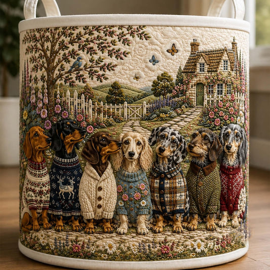 Doxie Row Quilted Laundry Basket: Dachshund Dog Storage Bin, Pet Lover Fabric Hamper