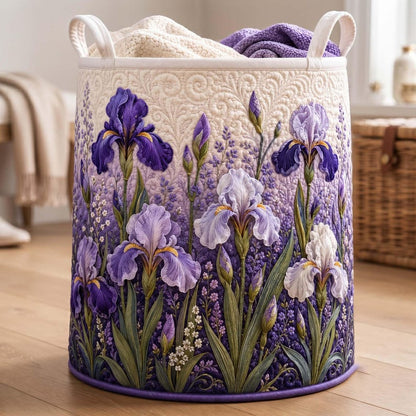 Iris Quilted Laundry Basket: Botanical Floral Storage Bin, Garden Iris Fabric Hamper
