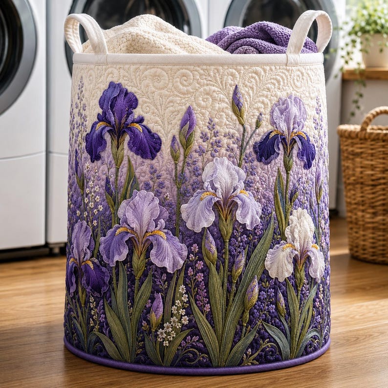 Iris Quilted Laundry Basket: Botanical Floral Storage Bin, Garden Iris Fabric Hamper