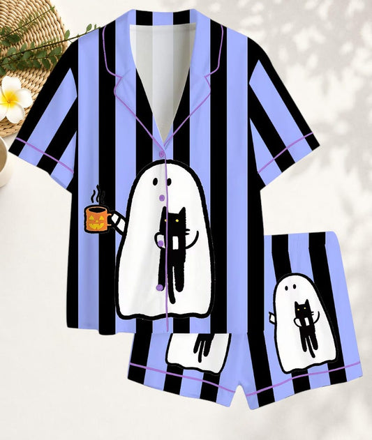 Women’s Halloween Black Cat Ghost Coffee Satin Pajama Set, Cute Spooky Print Short & Long Sleeve Sleepwear, Cozy Fall Loungewear