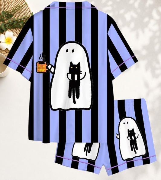 Women’s Halloween Black Cat Ghost Coffee Satin Pajama Set, Cute Spooky Print Short & Long Sleeve Sleepwear, Cozy Fall Loungewear