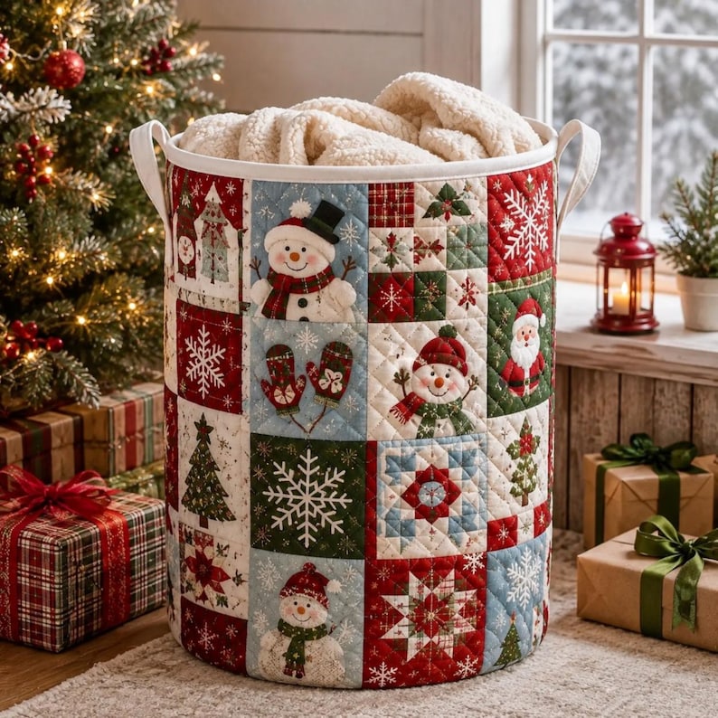 Christmas Quilted Laundry Basket, Xmas Snowman Hamper, Holiday Storage Basket, Xmas Laundry Room Decor, Blanket Organizer, Winter Home Decor
