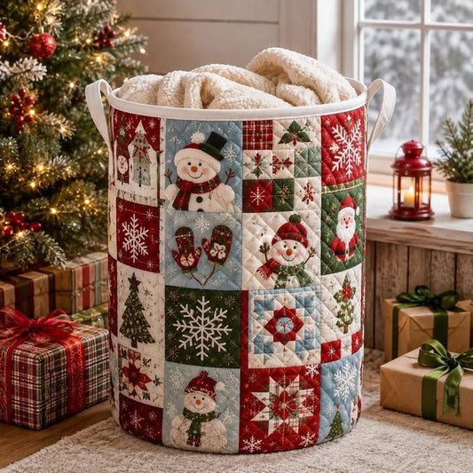 Christmas Quilted Laundry Basket, Xmas Snowman Hamper, Holiday Storage Basket, Xmas Laundry Room Decor, Blanket Organizer, Winter Home Decor