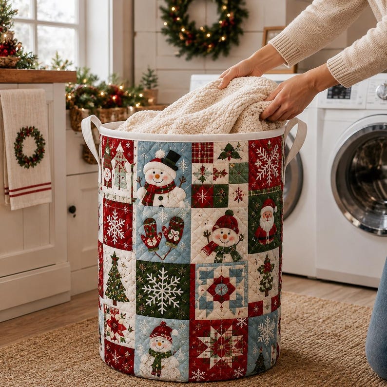Christmas Quilted Laundry Basket, Xmas Snowman Hamper, Holiday Storage Basket, Xmas Laundry Room Decor, Blanket Organizer, Winter Home Decor