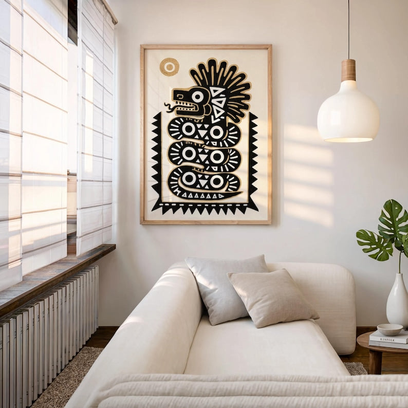 Quetzalcoatl Print, Traditional Mexican Folk Art, Aztec Serpent Wall Decor, Indigenous Latin Mythology Poster, Mexico Tribal Snake Gift