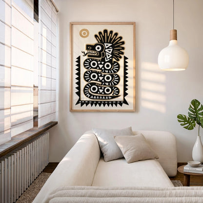 Quetzalcoatl Print, Traditional Mexican Folk Art, Aztec Serpent Wall Decor, Indigenous Latin Mythology Poster, Mexico Tribal Snake Gift