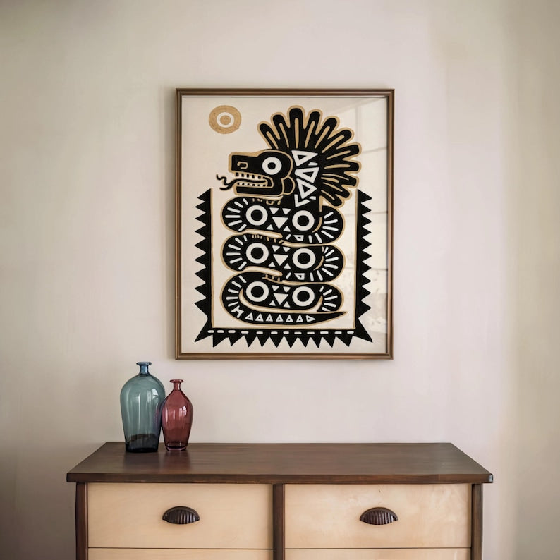 Quetzalcoatl Print, Traditional Mexican Folk Art, Aztec Serpent Wall Decor, Indigenous Latin Mythology Poster, Mexico Tribal Snake Gift