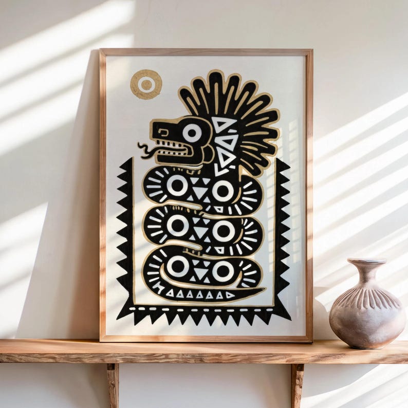Quetzalcoatl Print, Traditional Mexican Folk Art, Aztec Serpent Wall Decor, Indigenous Latin Mythology Poster, Mexico Tribal Snake Gift