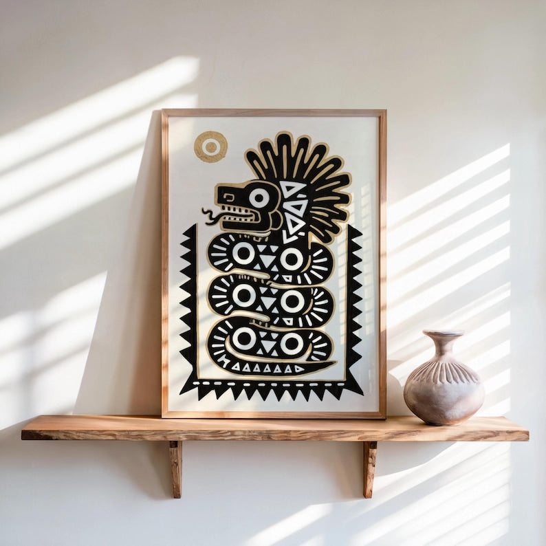Quetzalcoatl Print, Traditional Mexican Folk Art, Aztec Serpent Wall Decor, Indigenous Latin Mythology Poster, Mexico Tribal Snake Gift
