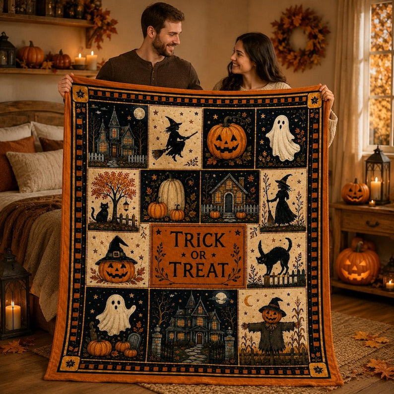 Vintage Halloween Flannel Blanket,Trick or Treat Pumpkin Ghost Witch Black Cat Throw,Spooky Autumn Home Decor,Cozy Fall Gift for Her Autumn