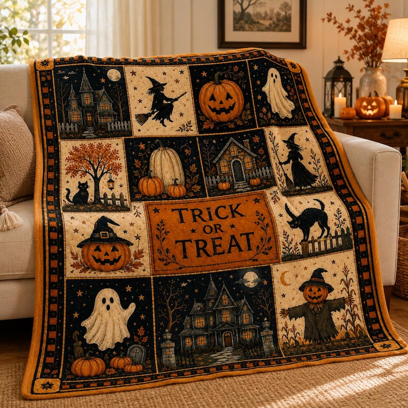Vintage Halloween Flannel Blanket,Trick or Treat Pumpkin Ghost Witch Black Cat Throw,Spooky Autumn Home Decor,Cozy Fall Gift for Her Autumn