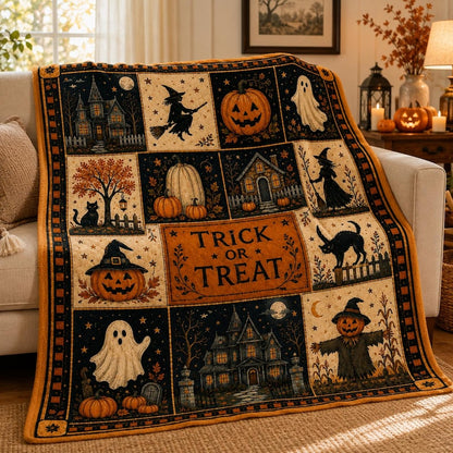 Vintage Halloween Flannel Blanket,Trick or Treat Pumpkin Ghost Witch Black Cat Throw,Spooky Autumn Home Decor,Cozy Fall Gift for Her Autumn
