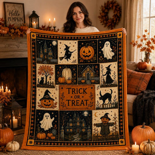 Vintage Halloween Flannel Blanket,Trick or Treat Pumpkin Ghost Witch Black Cat Throw,Spooky Autumn Home Decor,Cozy Fall Gift for Her Autumn