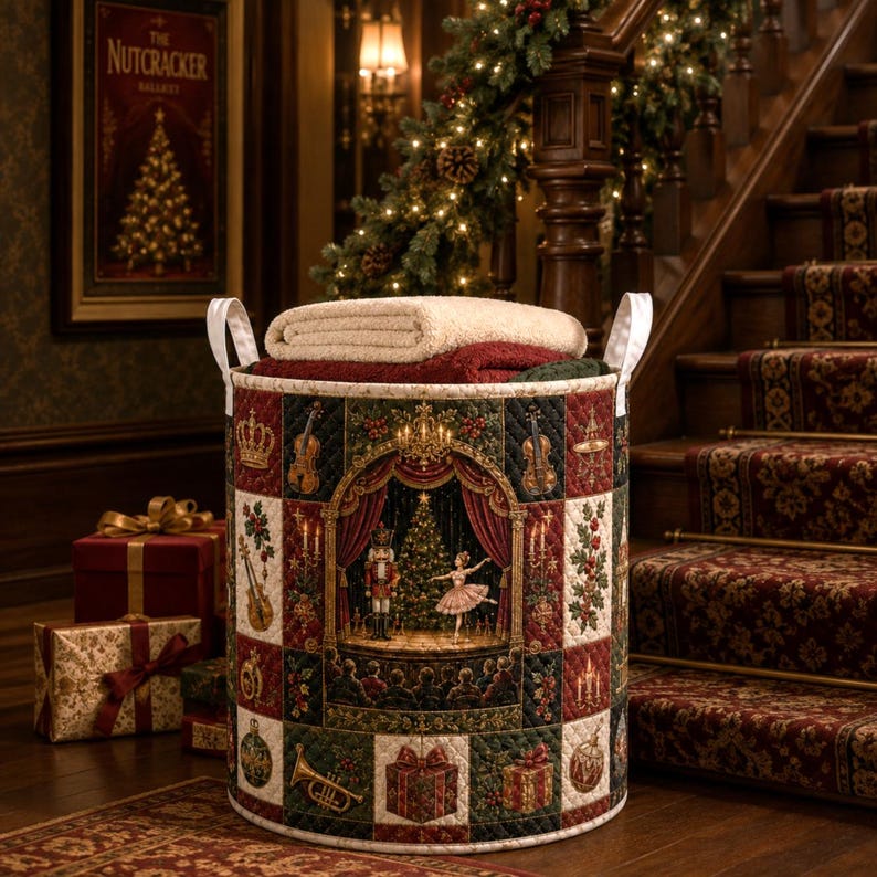 Christmas Quilted Laundry Basket, Nutcracker Christmas Hamper, Ballet Storage Basket, Holiday Laundry Room Decor, Xmas Blanket Organizer