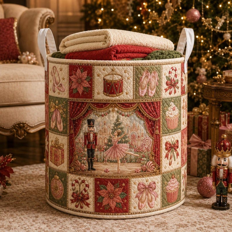 Christmas Quilted Laundry Basket, Nutcracker Christmas Hamper, Ballet Storage Basket, Holiday Laundry Room Decor, Xmas Blanket Organizer