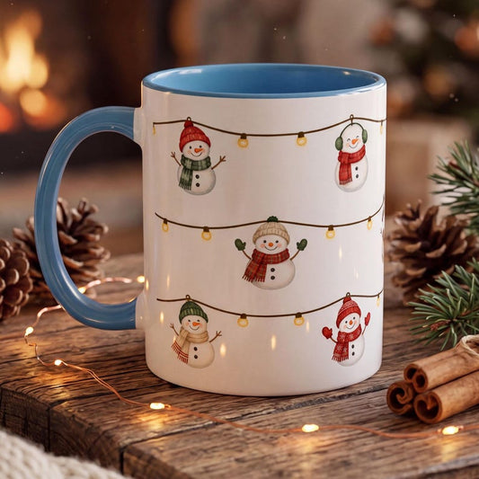 Snowman Lights Mug, Cute Snowman Coffee Mug, Christmas String Lights Mug, Watercolor Snowman Cup, Festive Winter Mug, Holiday Gift Mug