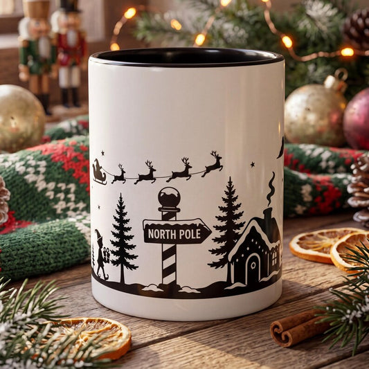 North Pole Christmas Mug, Minimalist Santa Mug, Silhouette Winter Mug, Black and White Christmas Cup, Santa Sleigh Mug, Holiday Gift Mug